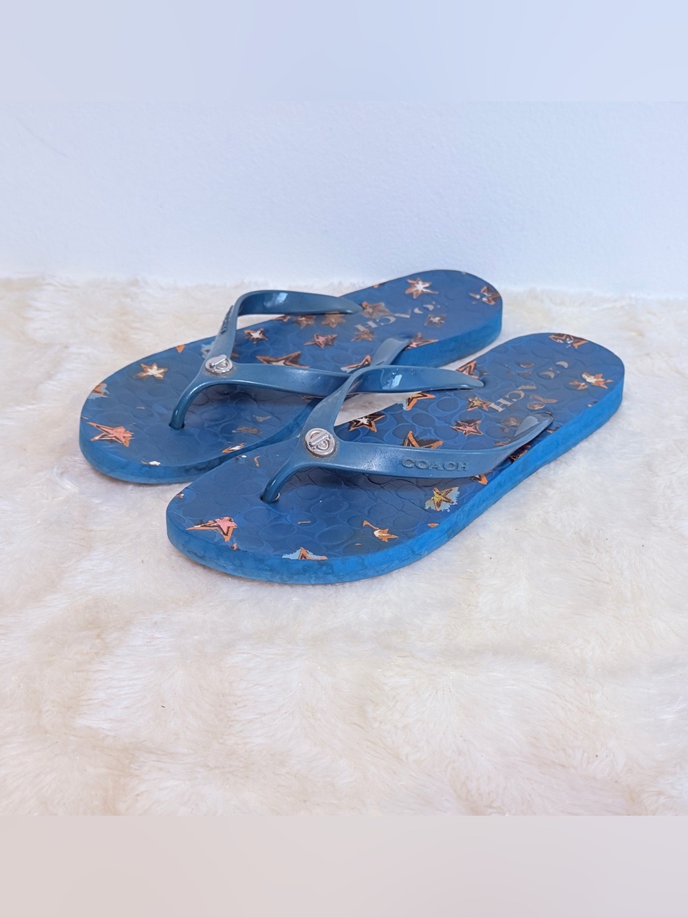 Coach Flip Flop Sandals Blue Signature C Logo Star Prt Rubber Women's Size 7